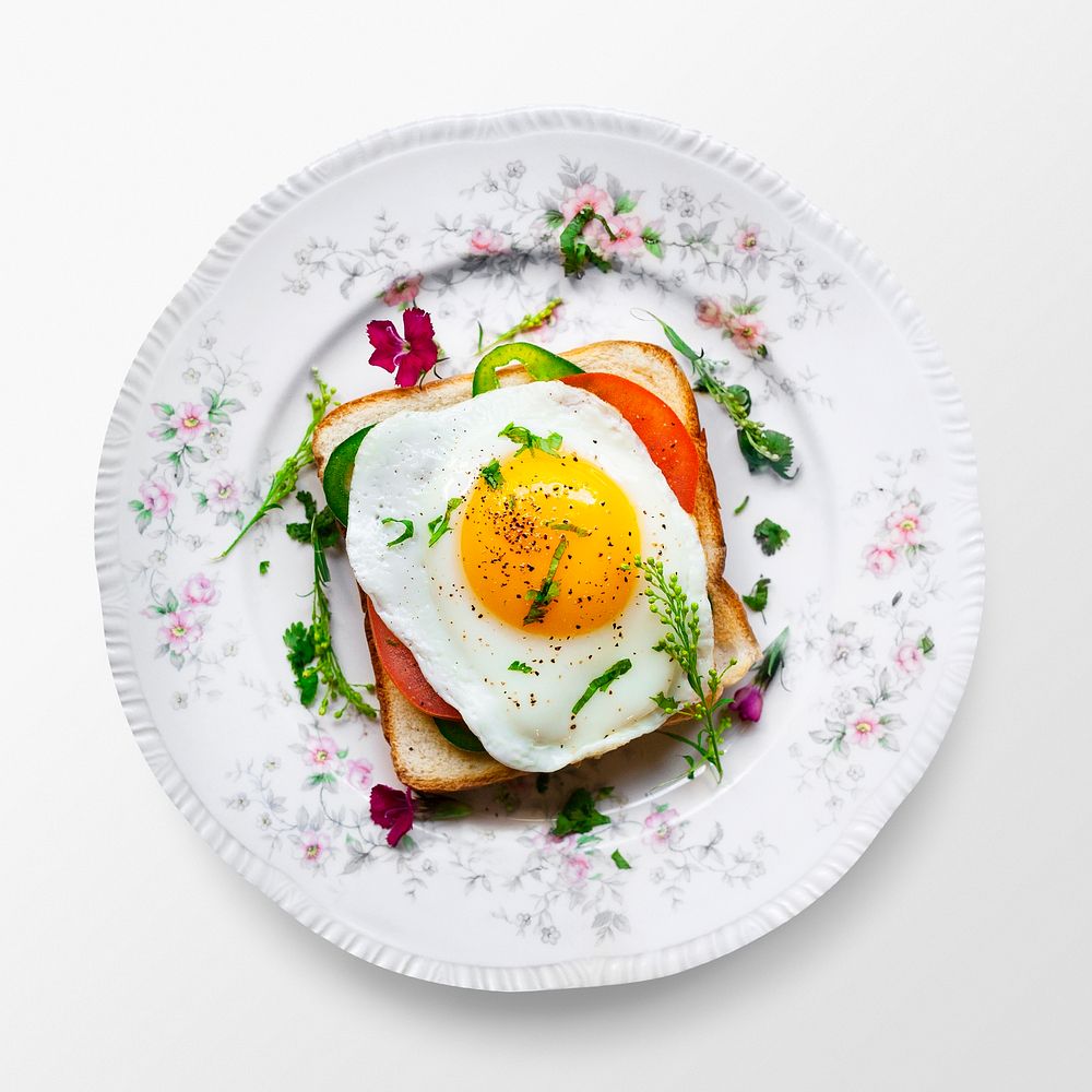 Egg toast on a plate, food photography, flat lay style
