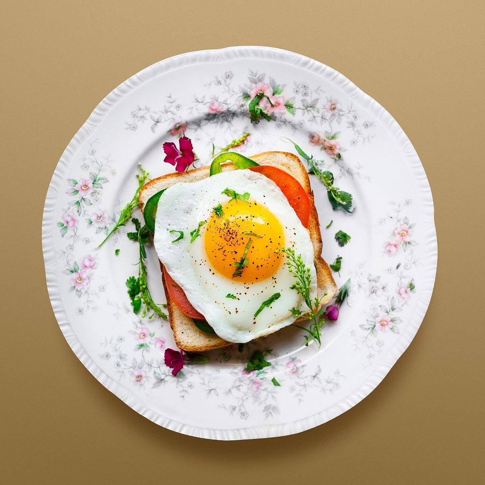 Fried egg toast on a plate, food photography psd