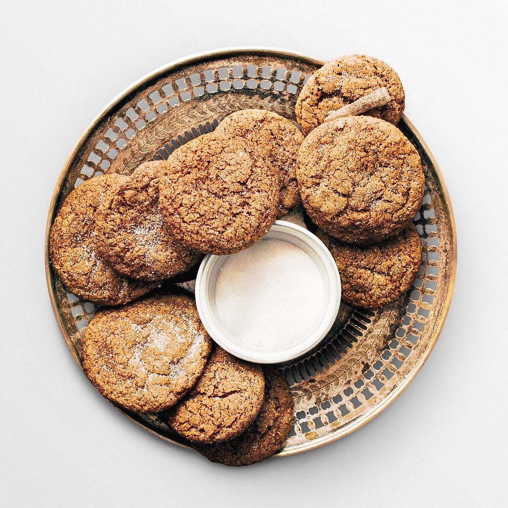 Brown cookies on a plate, food photography, flat lay style