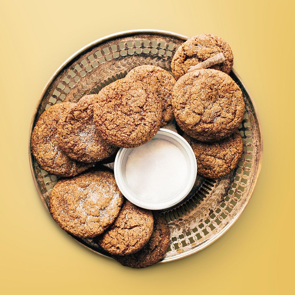 Brown cookies on a plate, food photography psd