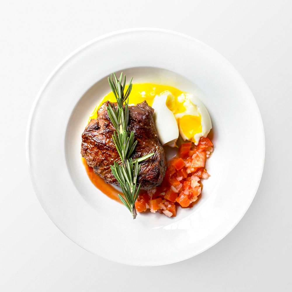 Steak plate on white background, food photography