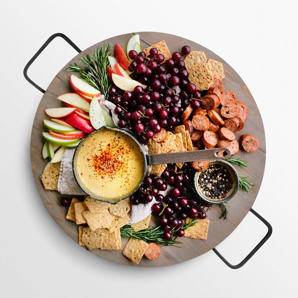 Snack platter on white background, food photography