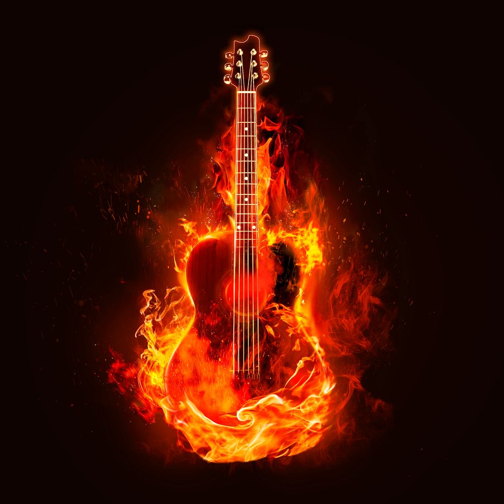 Flaming guitar, music clipart, grunge aesthetic