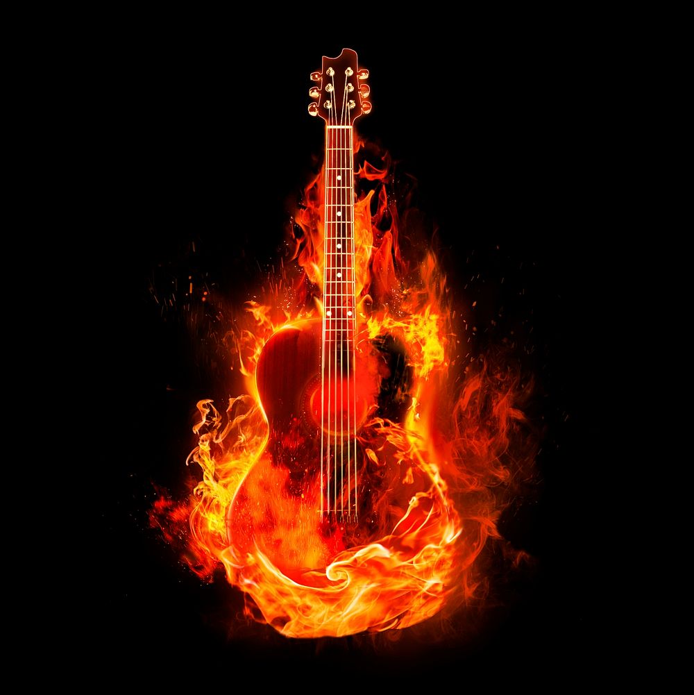 Guitar on fire, music clipart, grunge aesthetic psd