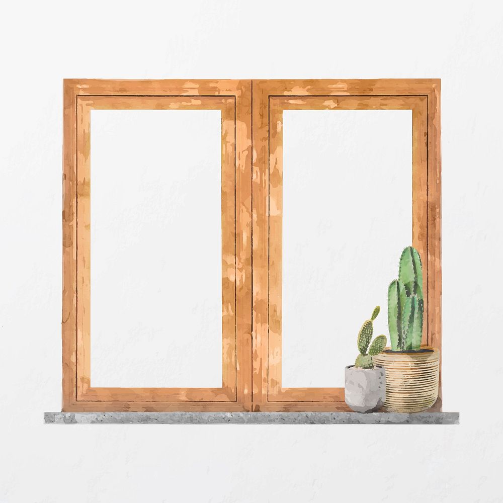 Wooden double window, watercolor design, home decor illustration vector