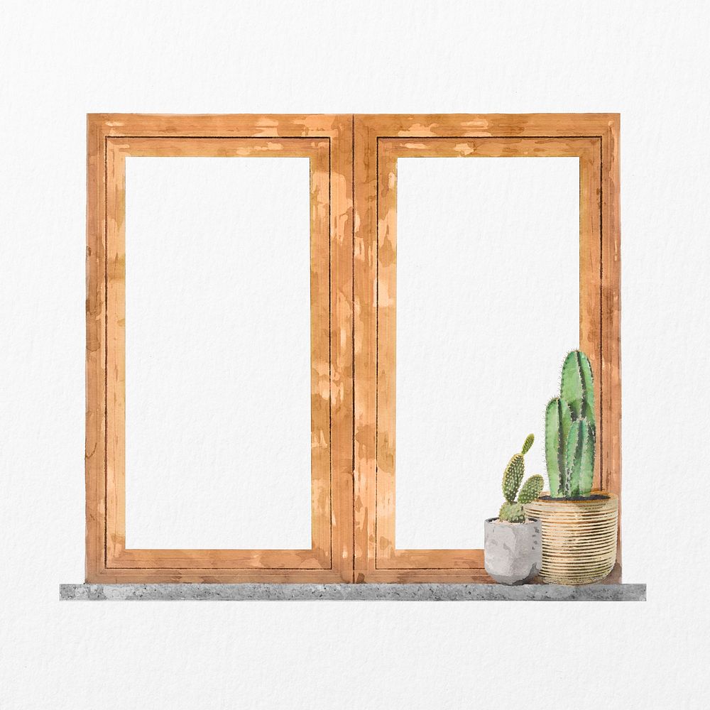 Wooden double window with cactus, watercolor illustration