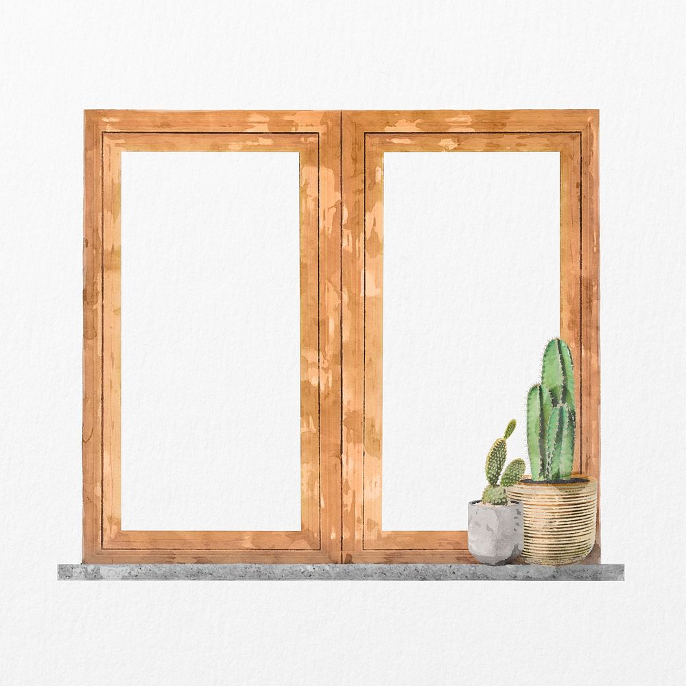 Wooden double window, watercolor home decor illustration psd