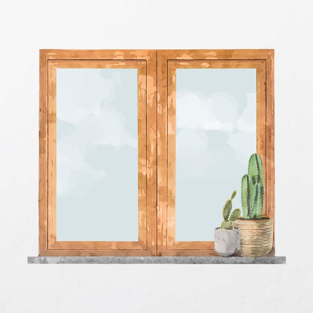 Wooden double window, watercolor home decor illustration vector