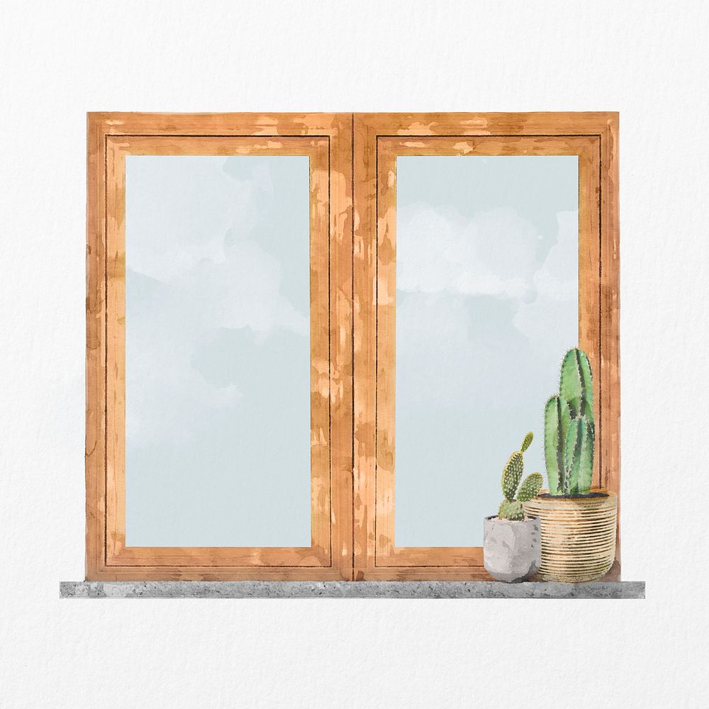 Wooden double window, watercolor illustration