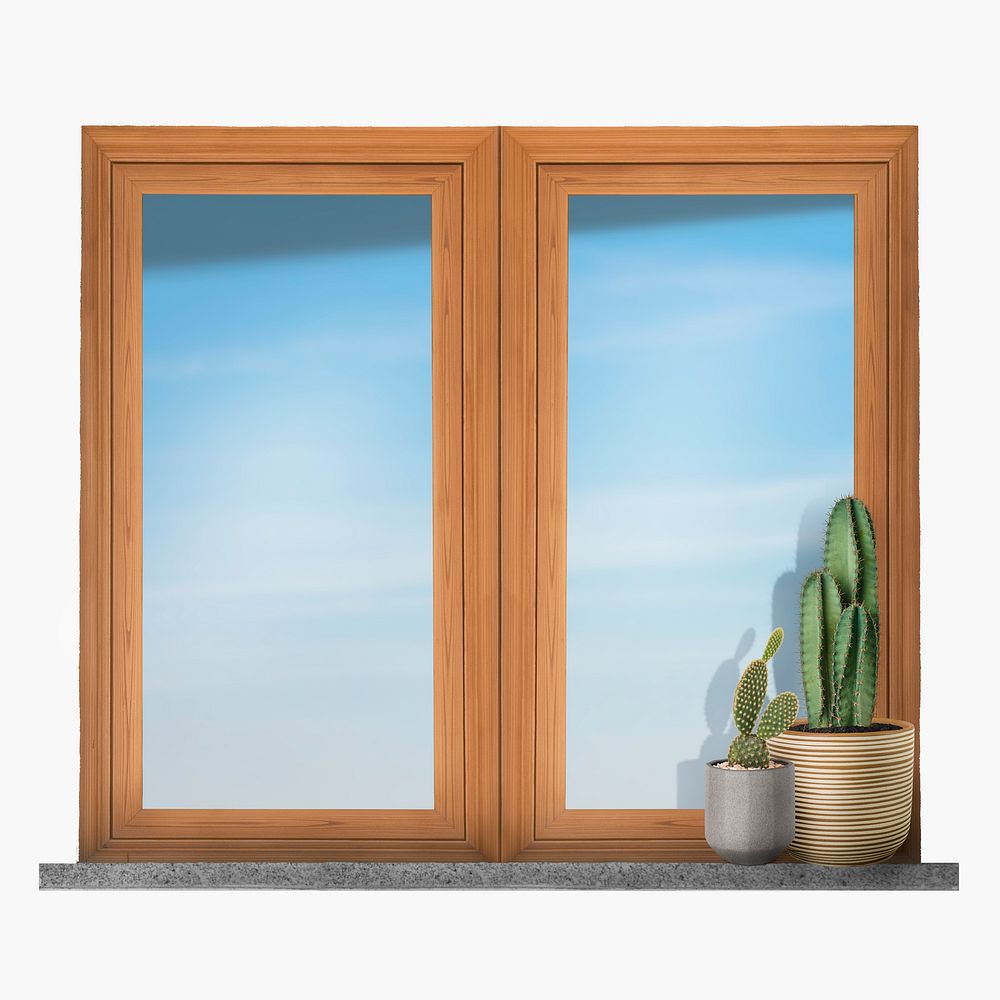 Wooden double casement window, home exterior illustration psd