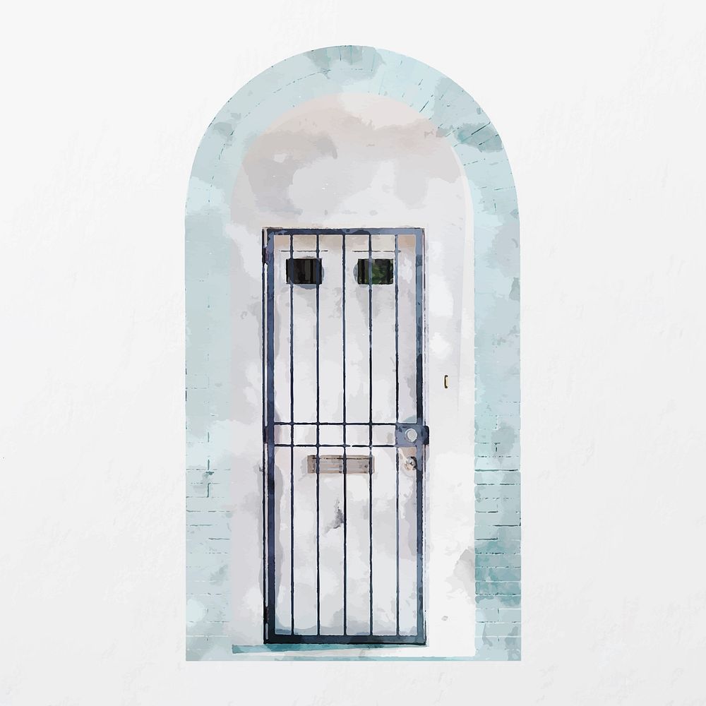White door with metal bars, watercolor home security illustration vector