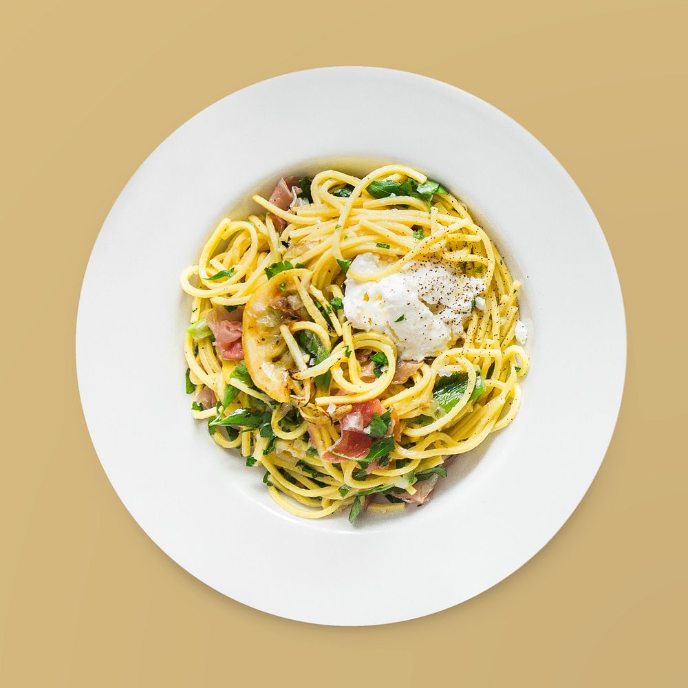 Spaghetti carbonara on a plate, food photography psd