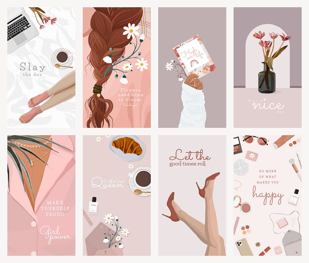 Beauty blogger Instagram story template, pink feminine illustration psd collection