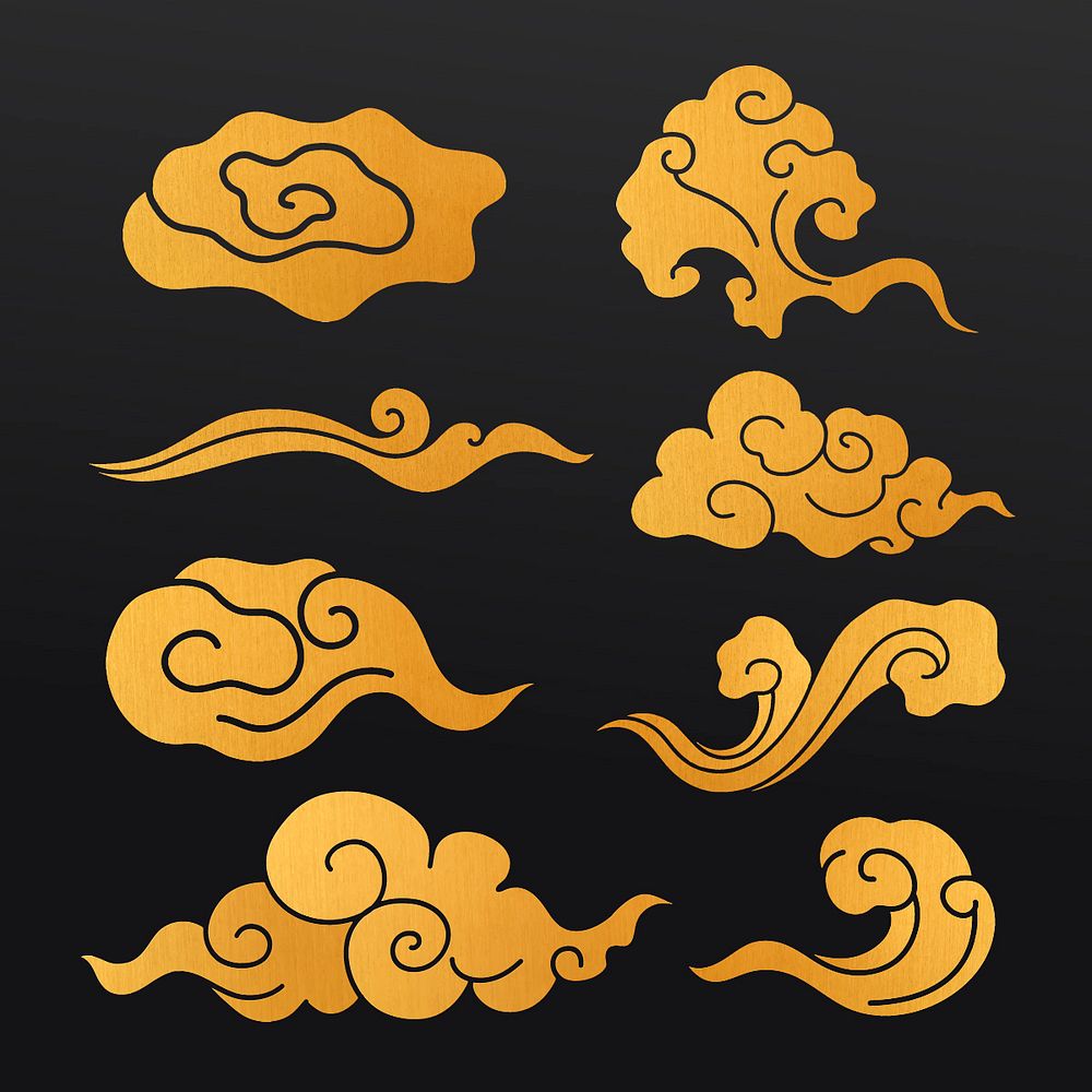 Oriental cloud sticker, gold Japanese design clipart vector collection