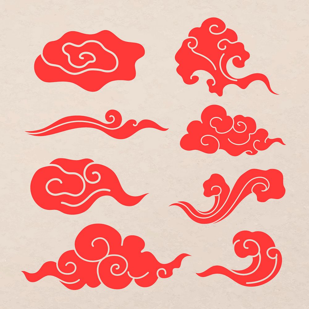 Oriental cloud sticker, red Japanese design clipart vector collection
