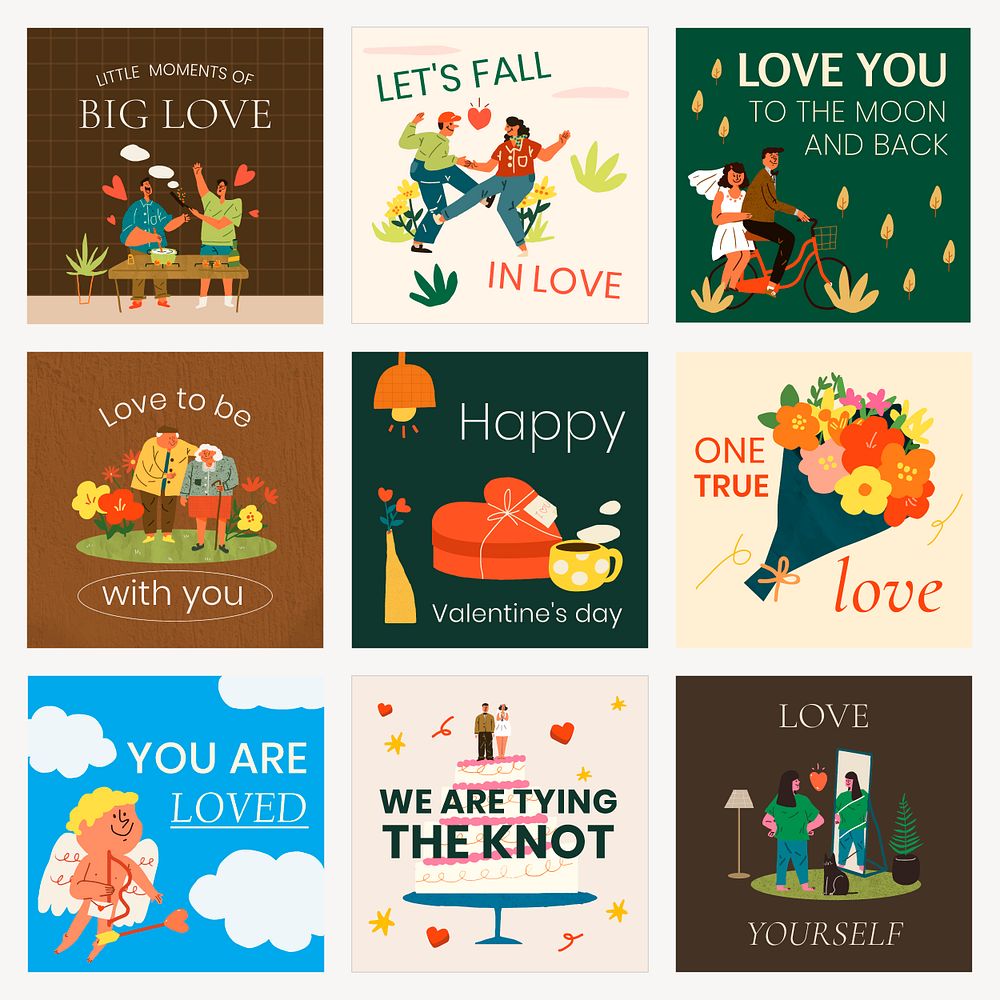 Valentine&rsquo;s celebration Instagram post template, cute doodle illustrations and quote psd collection