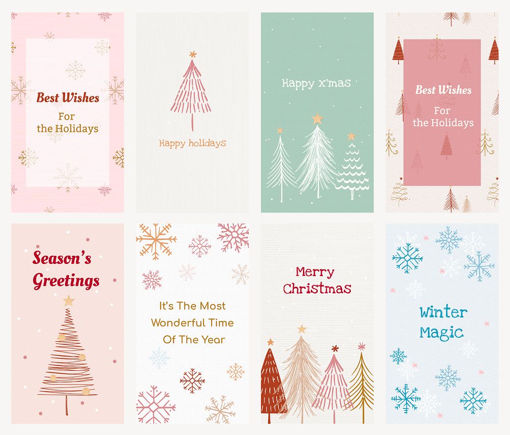 Christmas greetings Instagram story template, cute festive pastel doodle psd collection