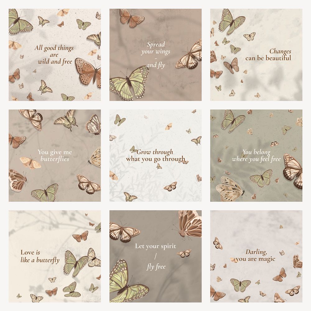 Butterfly social media post template, beautiful vintage beige pattern with quotes psd
