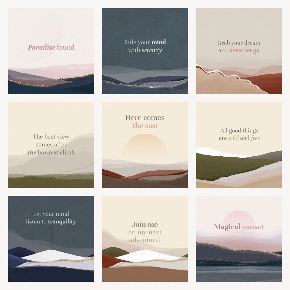 Aesthetic landscape Instagram post template, positive quotes psd set