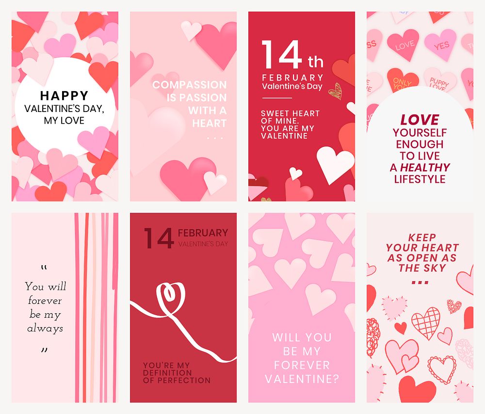 Valentine&rsquo;s story template set psd, cute heart background