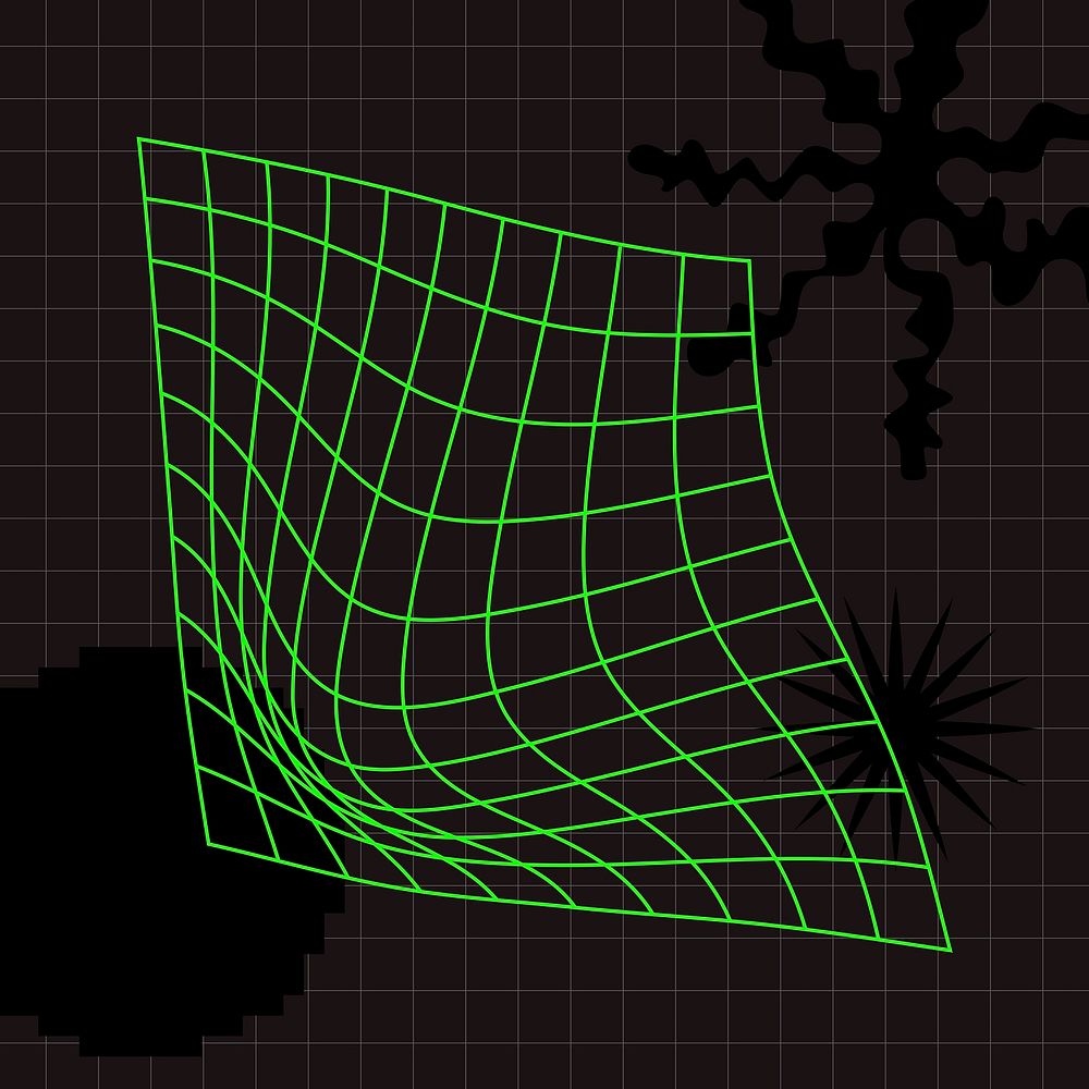 Wireframe shape collage element, green grid pattern, retro futurism design vector