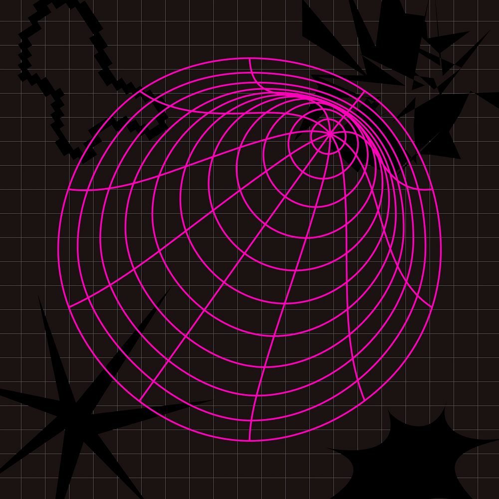 Wireframe shape collage element, pink grid pattern, retro futurism design psd