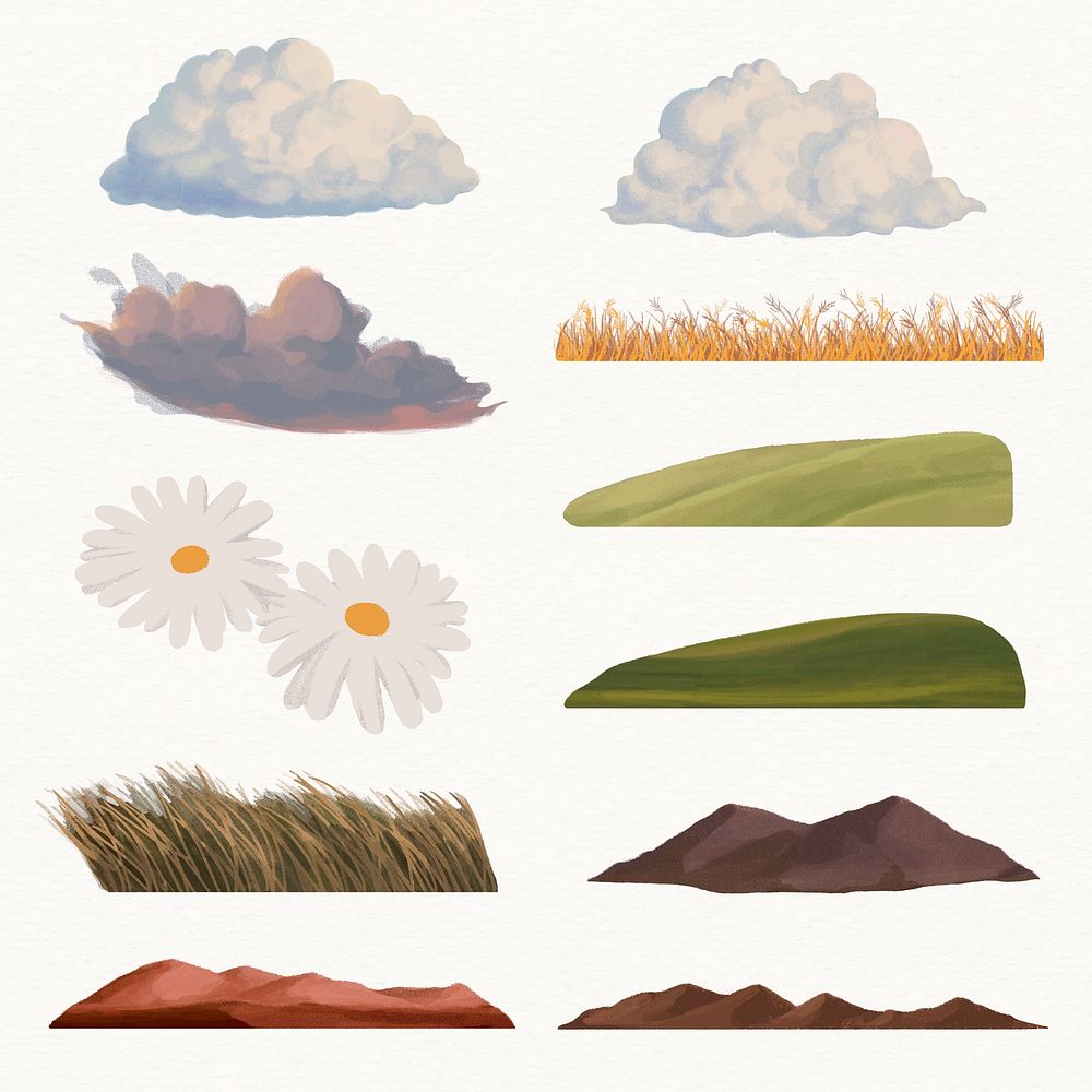 Aesthetic landscape sticker, simple nature design vector set