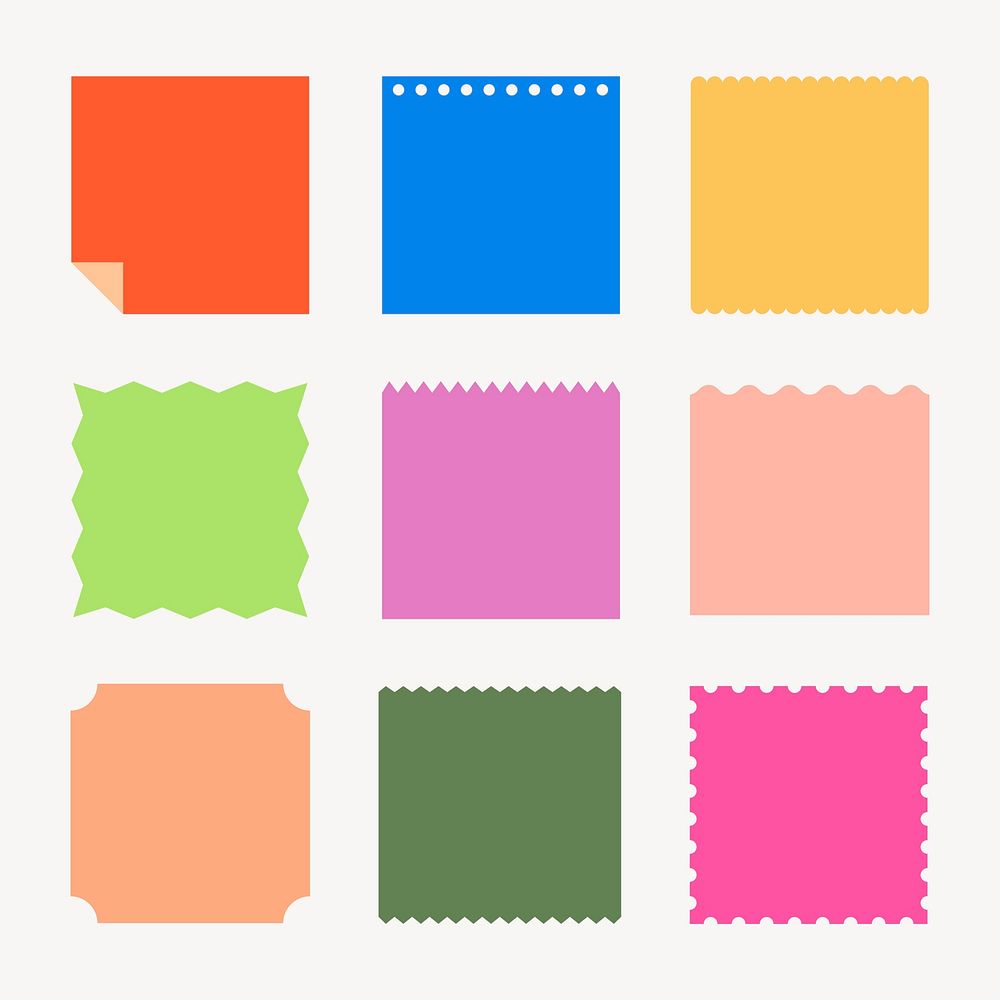 Note paper sticker, colorful square shapes set psd
