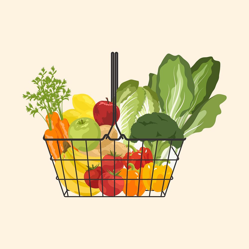 Vegetable shopping basket collage element, realistic illustration psd