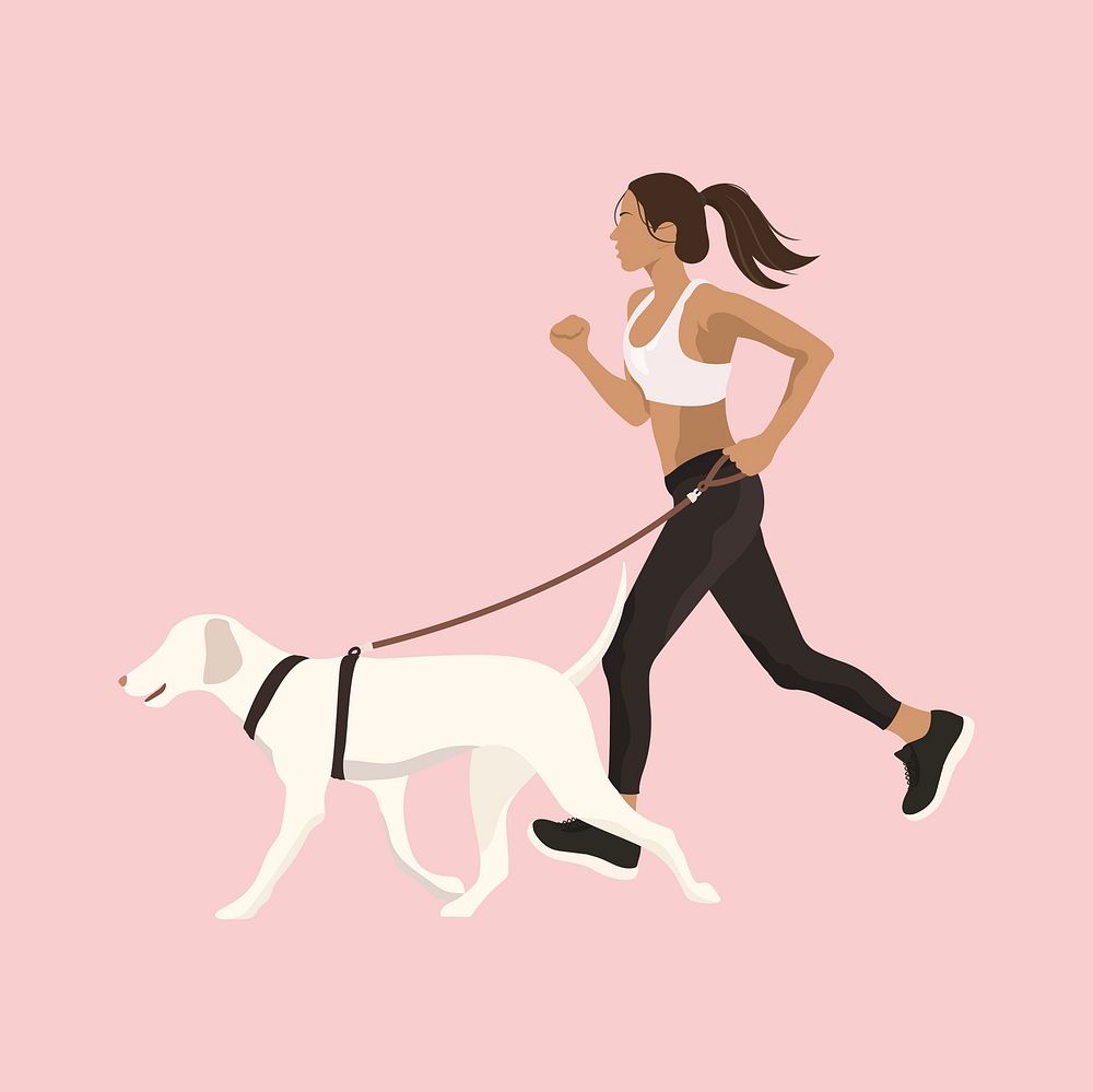 Woman running with dog, aesthetic illustration 