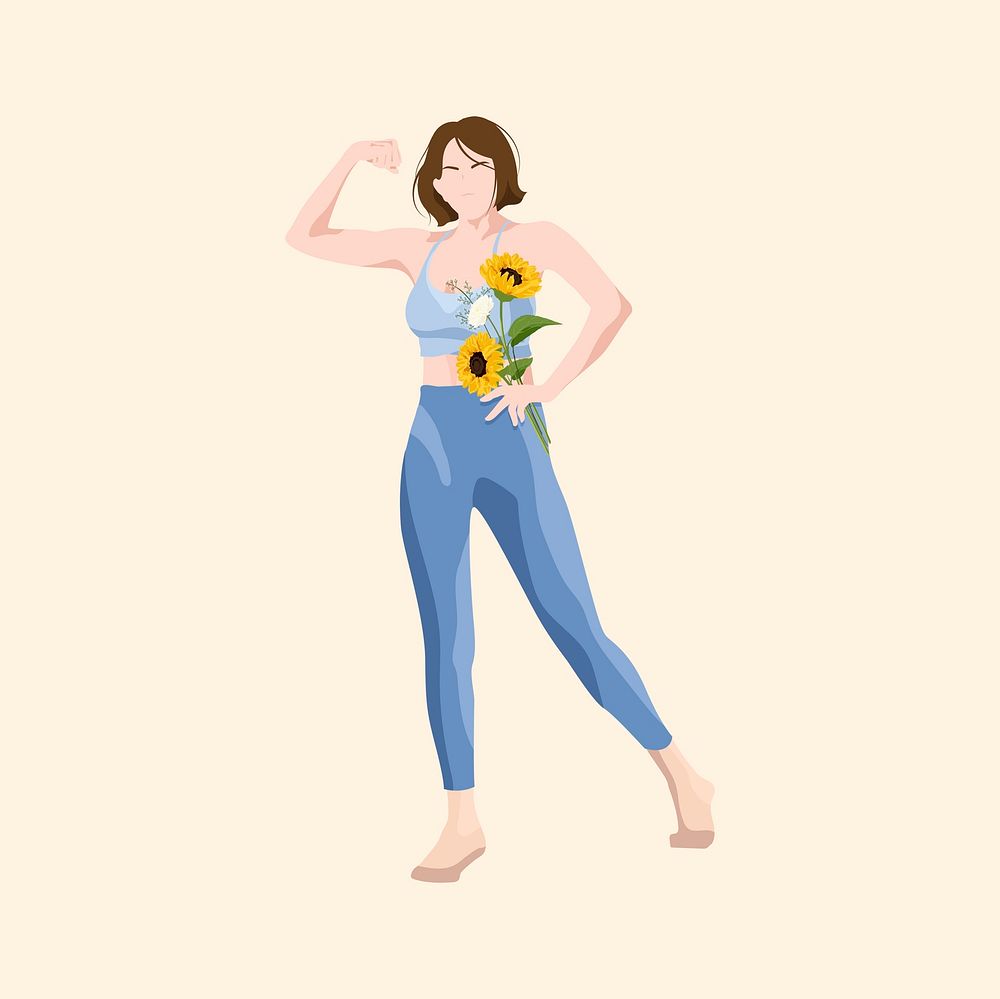 Strong woman flexing, aesthetic illustration psd