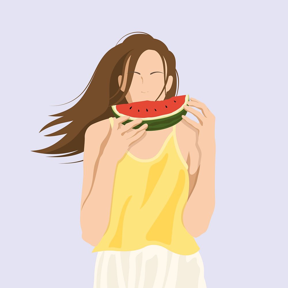 Woman eating watermelon, summer illustration