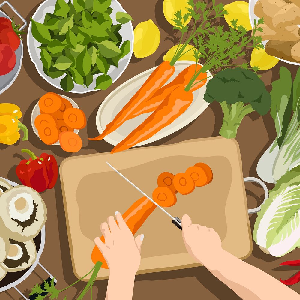 Fresh vegetables background, vegan cooking, aesthetic illustration