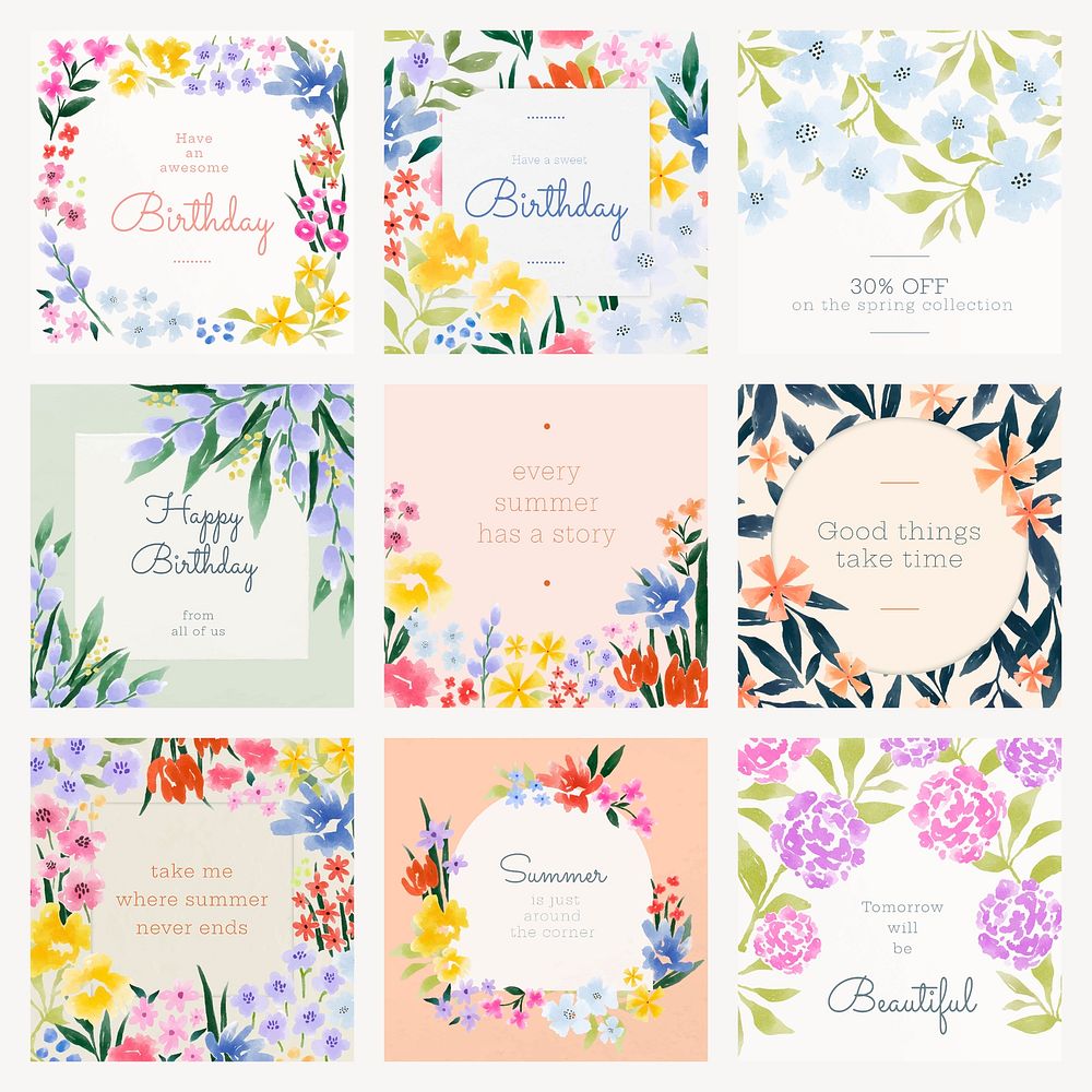 Watercolor flower Instagram post template set vector