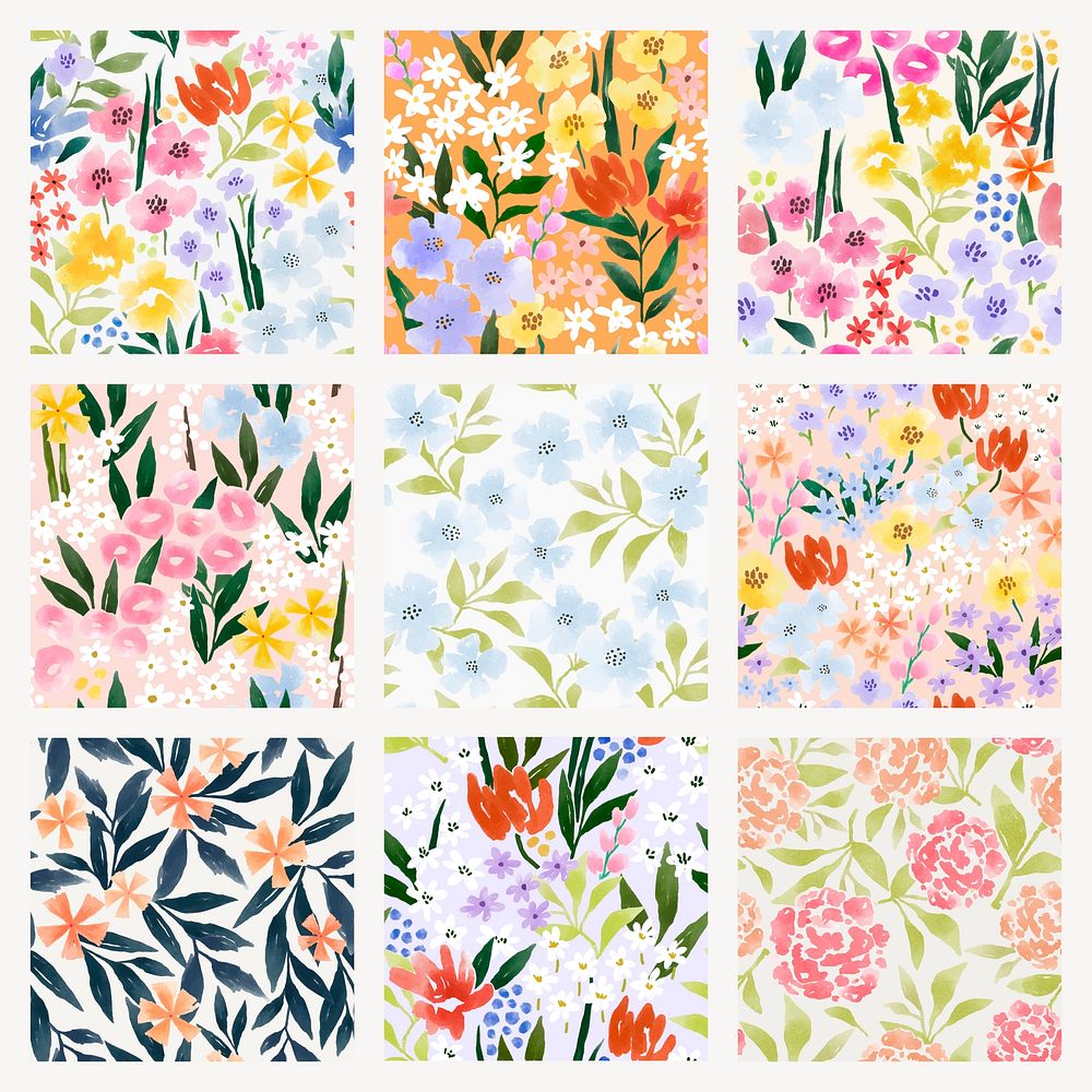 Floral seamless patterns, watercolor aesthetic vector set