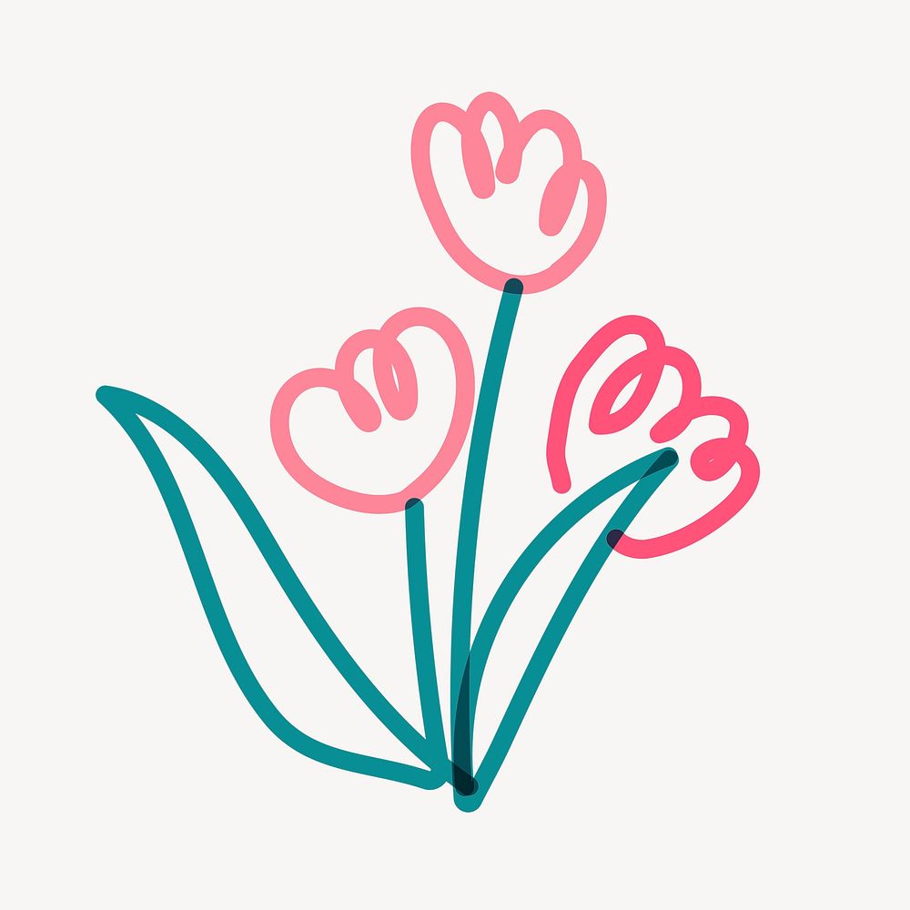 Tulip flower doodle clipart, pink cute design psd