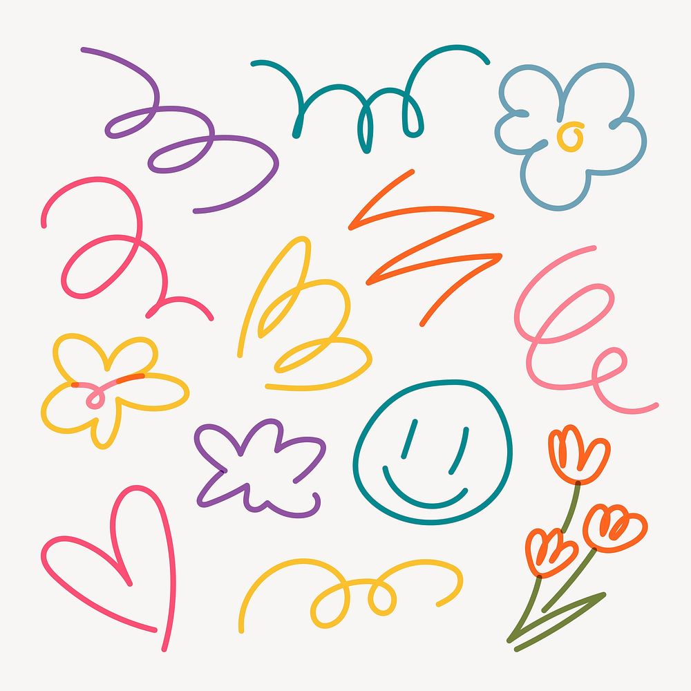 Cute line doodle stickers, journal collage element vector set