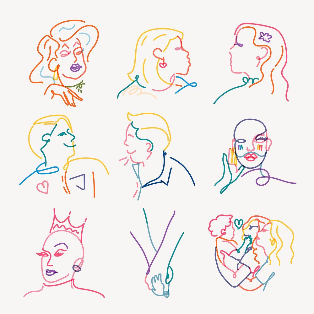 LGBTQ+ aesthetic stickers, colorful line portrait psd set