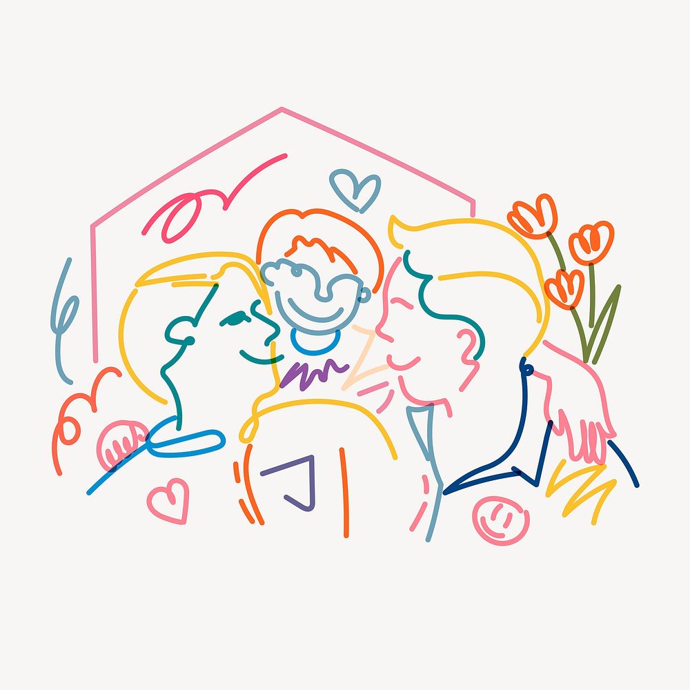 Gay family clipart, LGBTQ line portrait illustration vector