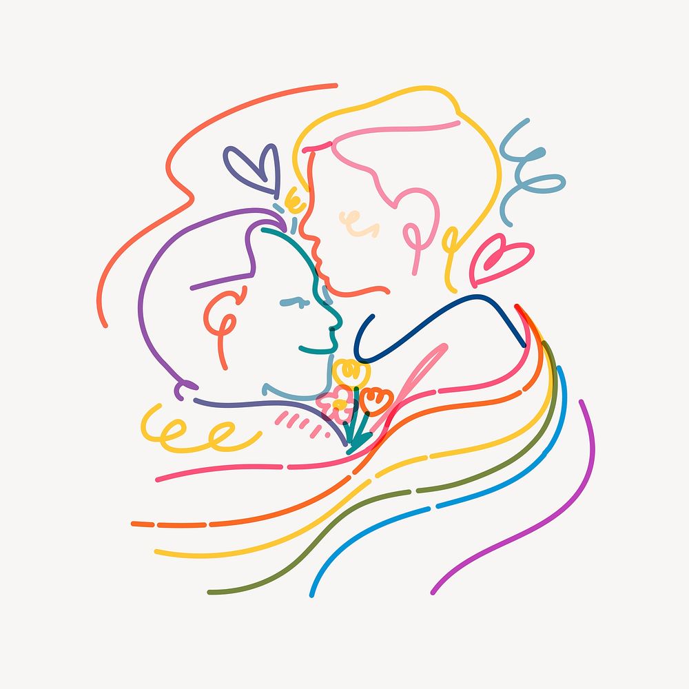 LGBTQ couple kissing clipart, gay marriage illustration psd