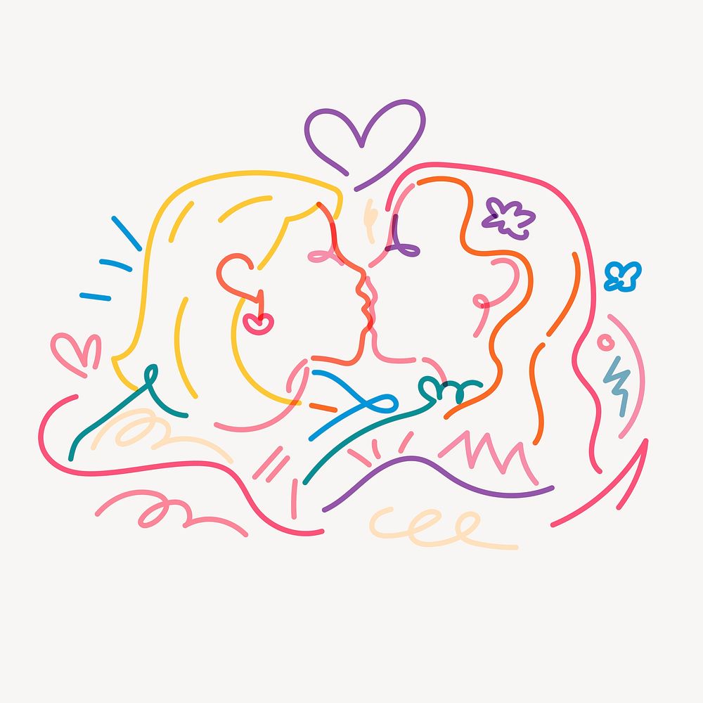 Lesbian couple kissing clipart, gay marriage illustration psd