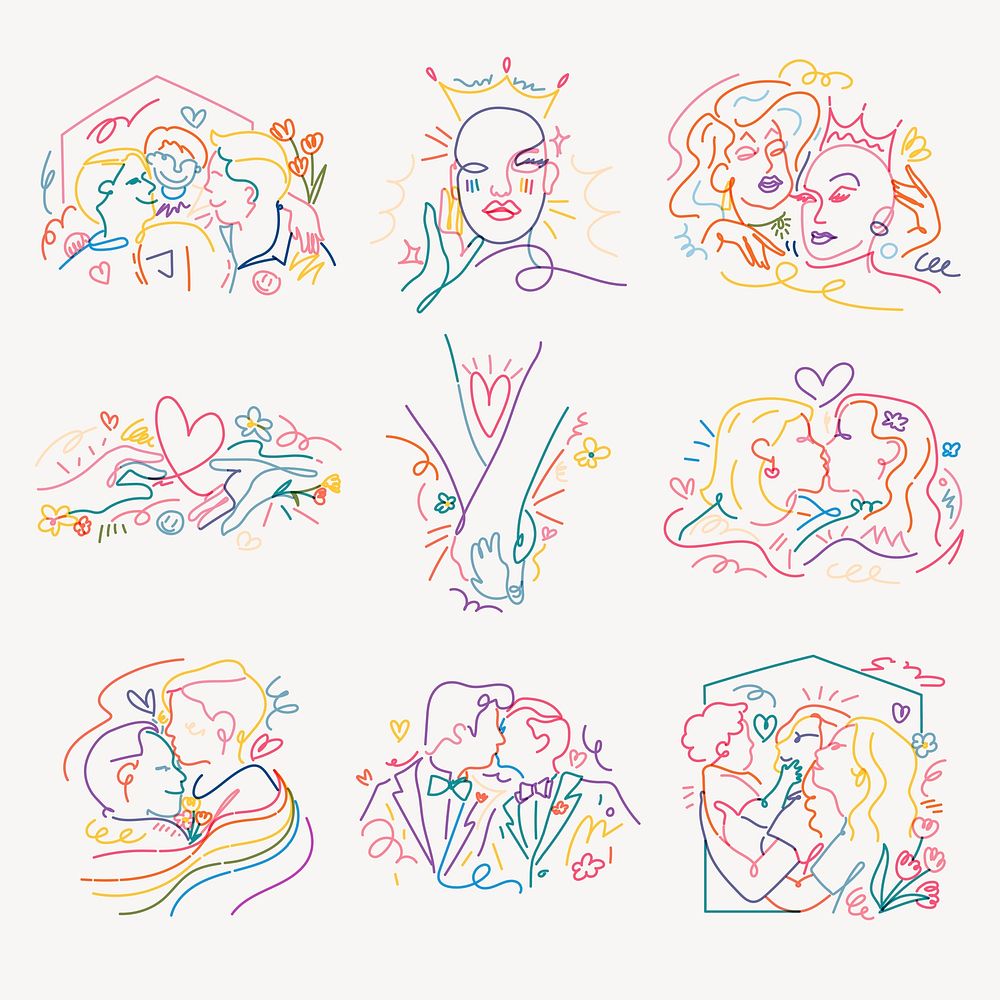 Gay pride stickers, LGBTQ line art portraits psd set