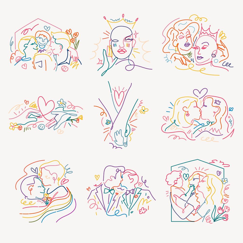 Gay pride stickers, LGBTQ line art portraits vector set