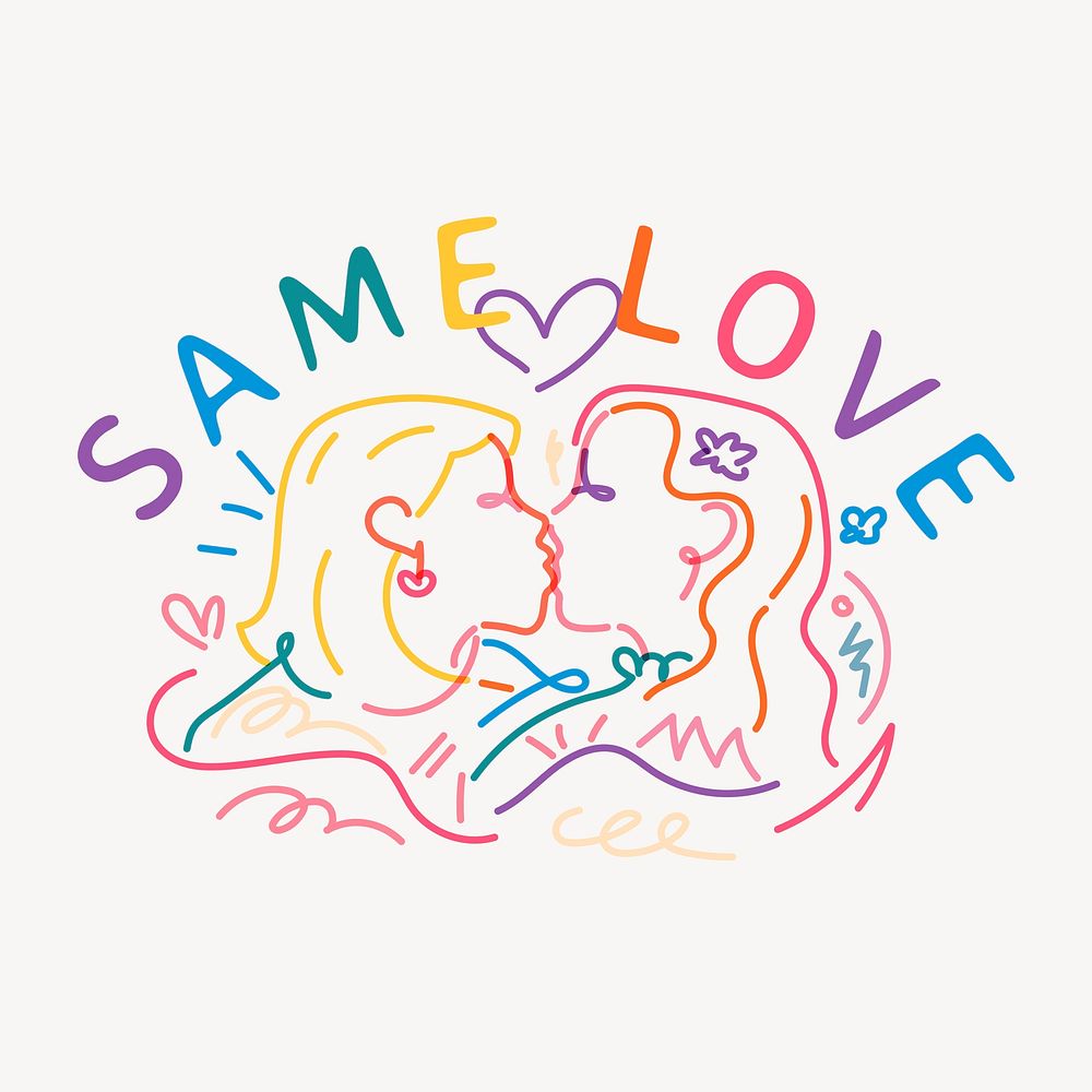 LGBTQ same love sticker, lesbian couple kissing line art illustration psd