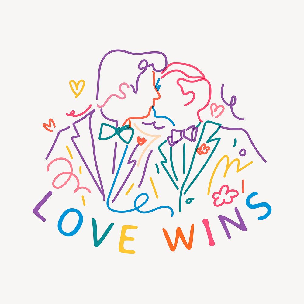 LGBTQ love wins sticker, gay couple kissing line art illustration vector
