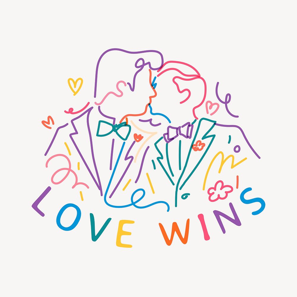 LGBTQ love wins sticker, gay couple kissing line art illustration psd