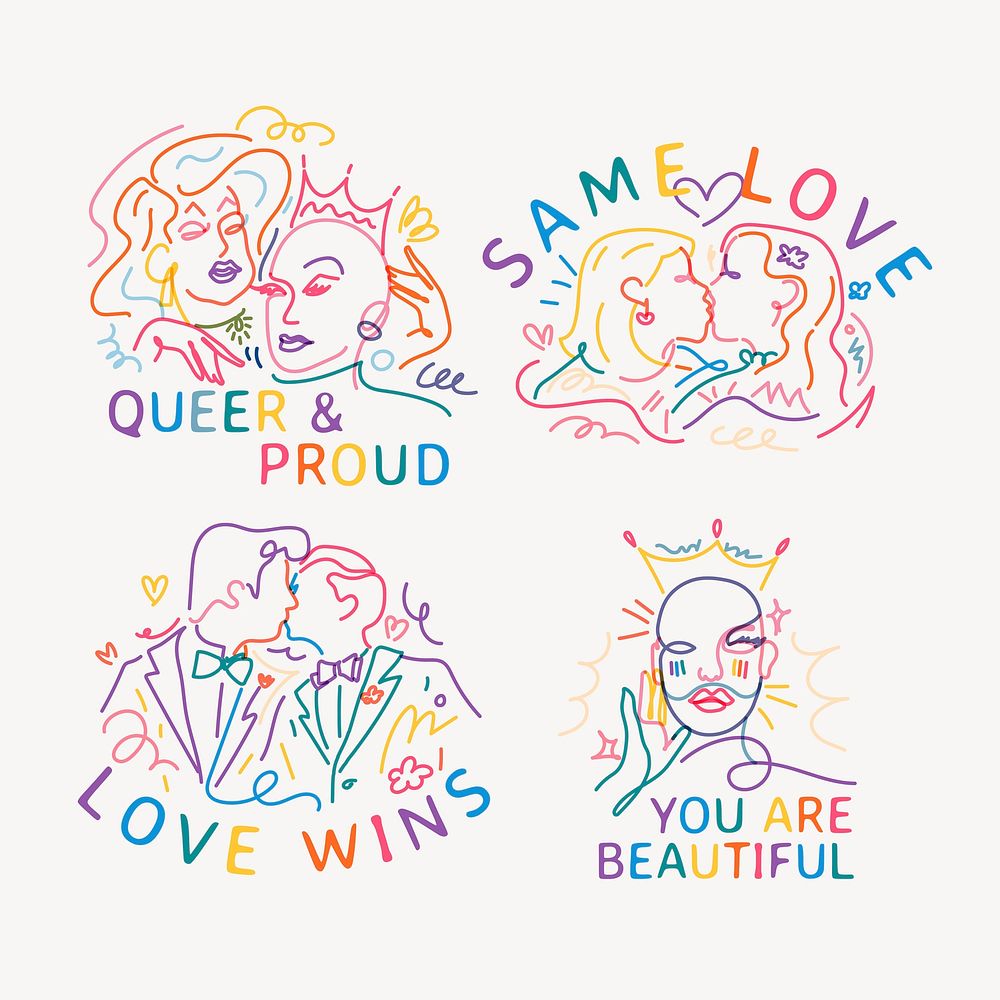 LGBTQ ally stickers, aesthetic line art illustration vector set