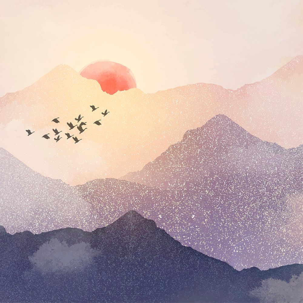 Landscape sunset background, mountain watercolor design vector