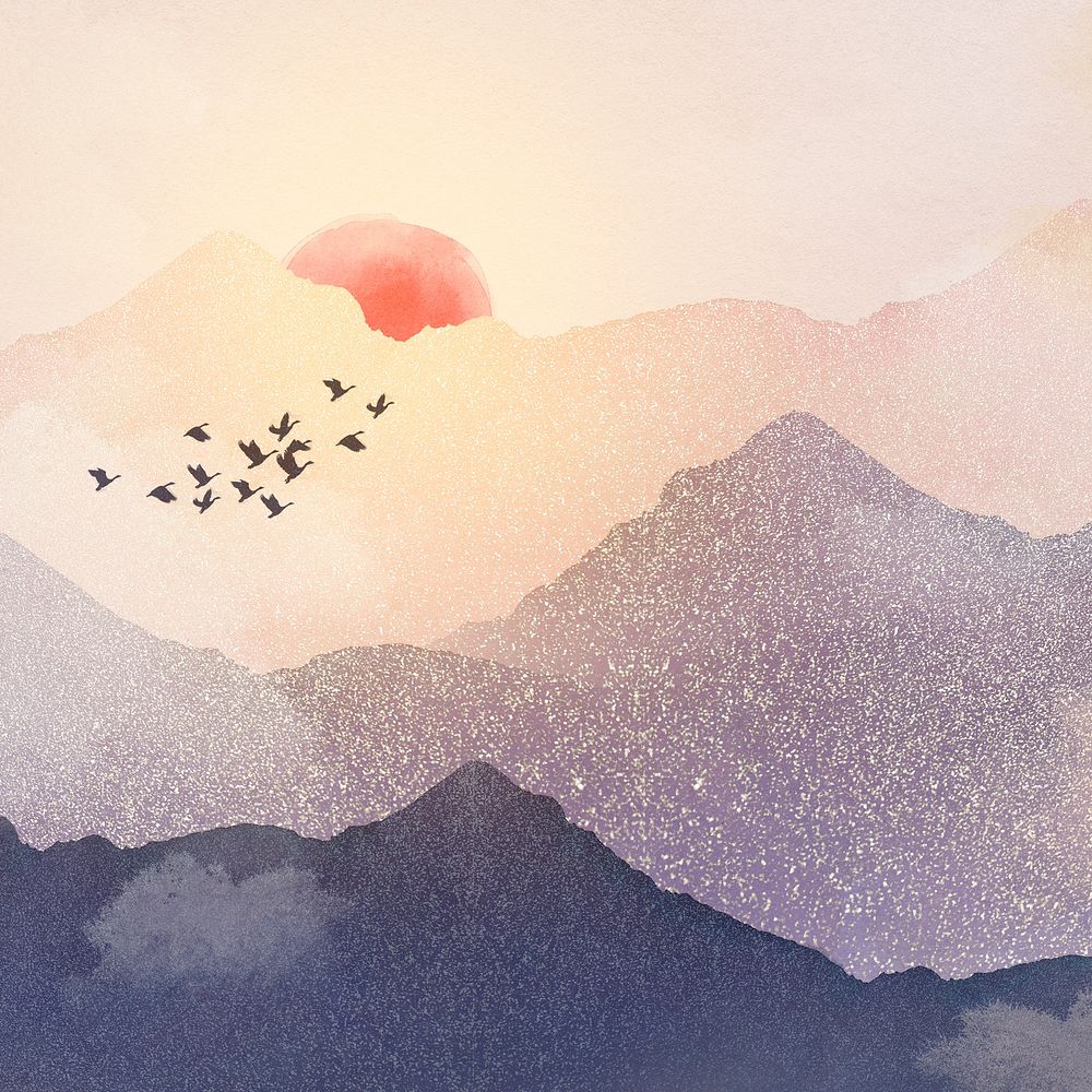 Landscape sunset background, mountain watercolor design psd