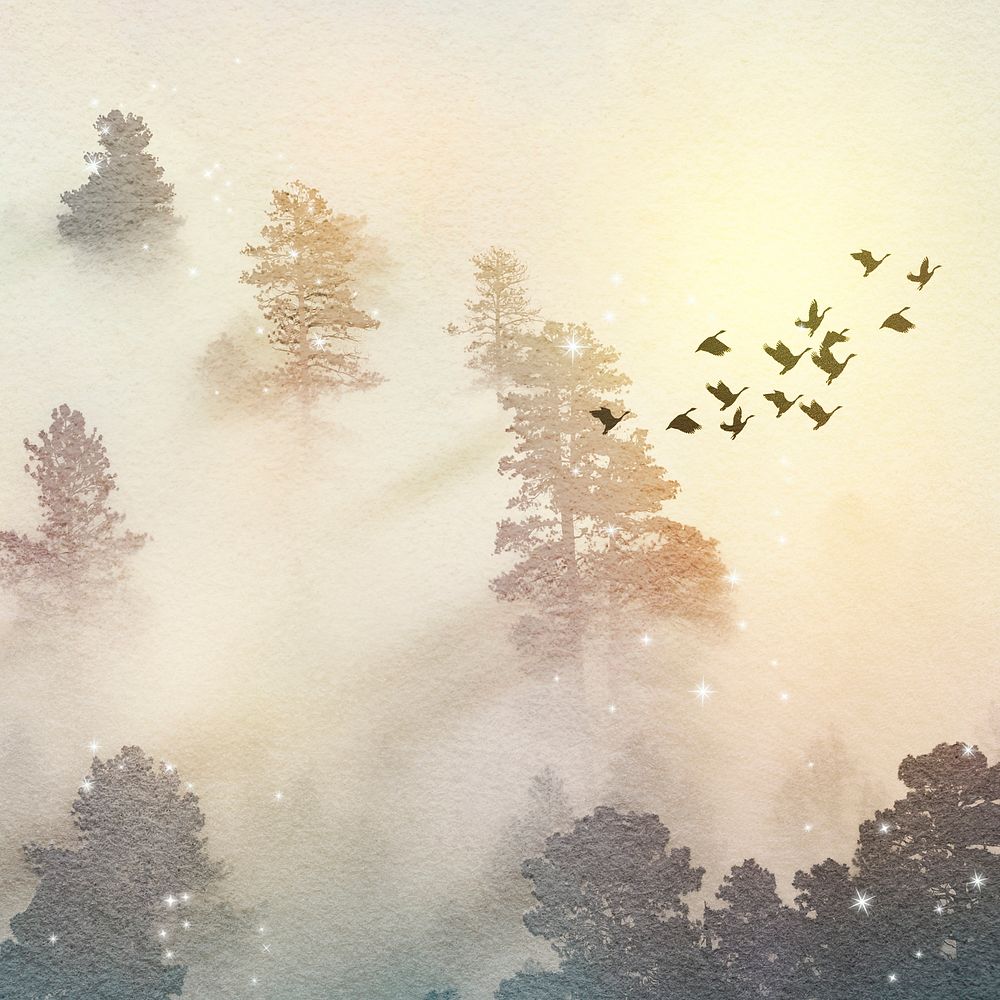 Glitter forest background, nature watercolor design